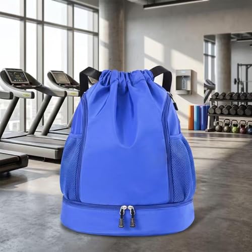 Drawstring Gym Backpack Multipocket Sports Sack with Mesh Pockets | Adjustable Strap Double Zipper Design, Large Capacity Lightweight for Gym Swim Travel Camping Outdoor - color: Blue