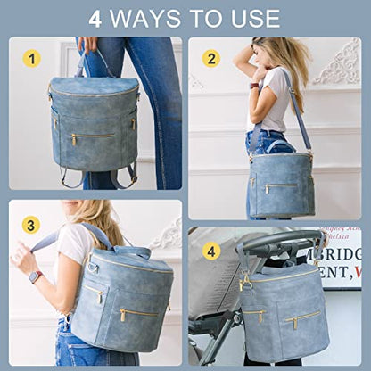 miss fong Diaper Bag Backpack Baby Diaper Bag, Large Leather Diaper Backpack with 16 Pockets Travel Diaper Bag with Diaper Changing Pad, Stroller Straps & 2 Insulated Pockets - color: Blue Fog