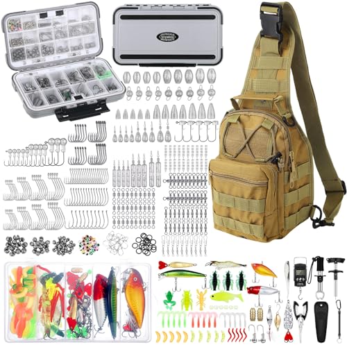 Sosation 482 Pcs Fishing Sling Tackle Bag Set Fish Tackle Box Backpack Storage Fishing Gear and Equipment Included Fish Hook Remover Tool Lures Lip Gripper, Gift for Men - color: Khaki