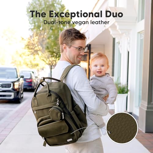 KeaBabies Diaper Bag Backpack - Multifunctional Travel Diaper Back Packs, Maternity Baby Changing Bags, Compact 18L Capacity, PU Leather, Waterproof, Unisex, Nappy Changing Pad (Dark Olive) - color: Dark Olive, style: Jumbo / 16.5" H