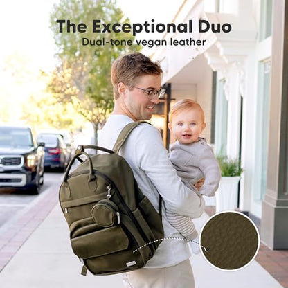 KeaBabies Diaper Bag Backpack - Multifunctional Travel Diaper Back Packs, Maternity Baby Changing Bags, Compact 18L Capacity, PU Leather, Waterproof, Unisex, Nappy Changing Pad (Dark Olive) - color: Dark Olive, style: Jumbo / 16.5" H
