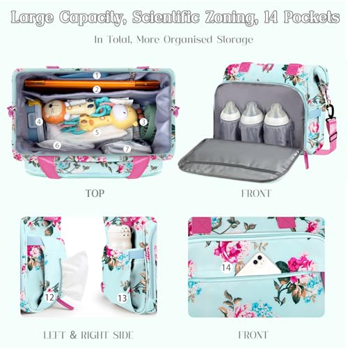 Diaper Bag Backpack Mommy Bag Large Capacity Diaper Backpack Travel Essential Baby Diaper Bag for Mom and Dad, Blue Floral - color: Blue-floral