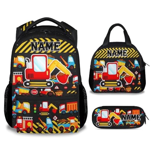 Toddler Boys Backpack Custom Excavator Bookbag with Lunch Box for Kids; 17 Inch Personalized Construction Truck School Bag with Reinforced Handles for Kindergarten Preschool Students - color: Black