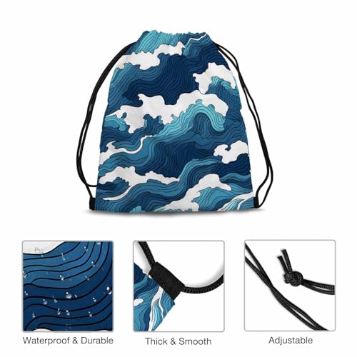 Drawstring Bag Blue Sea Wave Waterproof Basketball Bag Abstract Lines Classic Beautiful Texture Stroage Shoes Ball - color: Blue Sea Wave