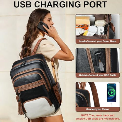 Shrrie 17 Inch Faux Leather Laptop Backpack for Women with Large Cup Holder - color: Black and Beige With Caramel Brown
