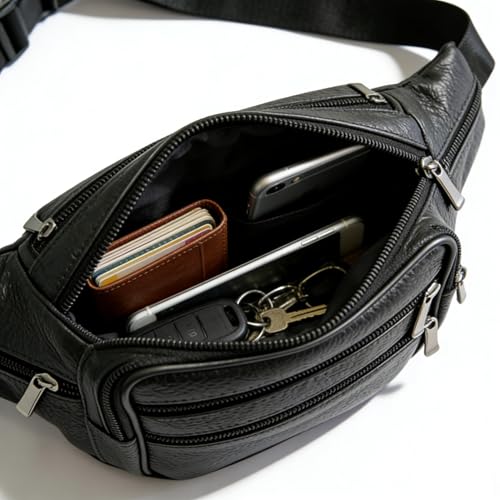 Leather Fanny Pack Travel Waist Bag 7 Pockets Waist Pack.Suitable for Outdoor Mountaineering Travel Camping Cycling Running etc FANNING511 Fanny pack (Black) - color: black