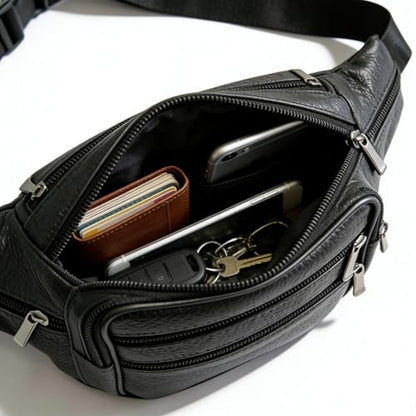 Leather Fanny Pack Travel Waist Bag 7 Pockets Waist Pack.Suitable for Outdoor Mountaineering Travel Camping Cycling Running etc FANNING511 Fanny pack (Black) - color: black