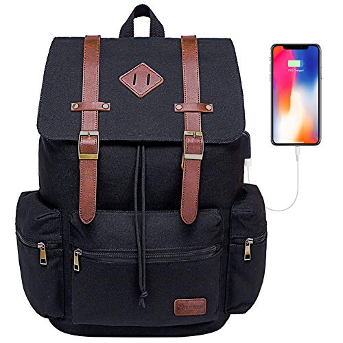Modoker Vintage Canvas Backpack with USB Port, Fits 17/15.6 Inch Laptop - color: Retro Black