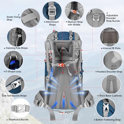 IGOLUMON 60L Hiking Backpack Waterproof Camping Backpack with Rain Cover Large Lightweight Backpacking Backpack for Men Women - color: Blue