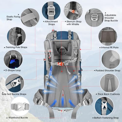 IGOLUMON 60L Hiking Backpack Waterproof Camping Backpack with Rain Cover Large Lightweight Backpacking Backpack for Men Women - color: Blue
