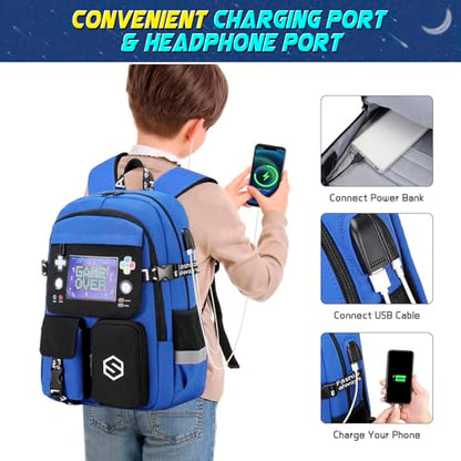 Scothen Boys Backpack, Cool Luminous School Backpacks for Boys with Lunch Bag Pencil Case, Kids Backpack Kindergarten Elementary Middle School Book Bags for Teen Boy Children with USB Charging Port - color: Black-blue