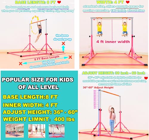 Marfula Gymnastic Bar For Kid and Teenage of 3-25, 5Ft/8 FT Base Length 4Ft Width 5Ft Adjust Height, Gymnastic Kip Bar For Gymnast, Gymnastic Training Equipment For Professional Training Home Club Use - color: Pink (New Style - 8 Ft Base)