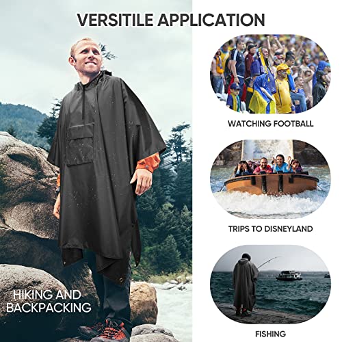 PTEROMY 3-in-1 Hooded Rain Poncho for Adult with Pocket, Waterproof Lightweight Unisex Raincoat for Hiking Camping Emergency - color: Black 1/4 Zipper