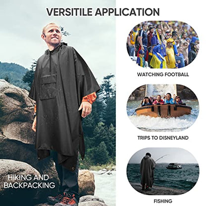 PTEROMY 3-in-1 Hooded Rain Poncho for Adult with Pocket, Waterproof Lightweight Unisex Raincoat for Hiking Camping Emergency - color: Black 1/4 Zipper