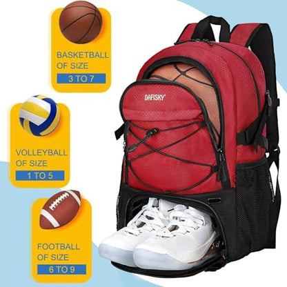 DAFISKY Basketball Backpack, Basketball Bag with Ball Holder Shoes Compartment, Sports Equipment Bag for Soccer Ball, Volleyball - color: Red