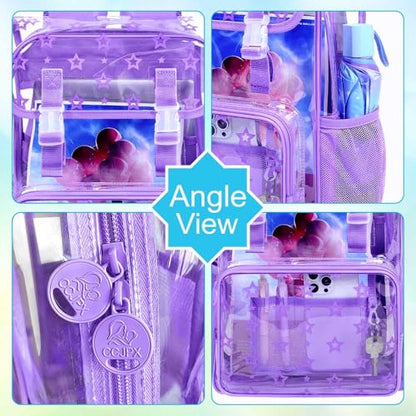 17" Clear Backpack for School, Girls Kids Transparent Bookbag Set, 3Pcs Stadium Approved See Through Backpack with Lunch Box (Purple) - color: Star Purple