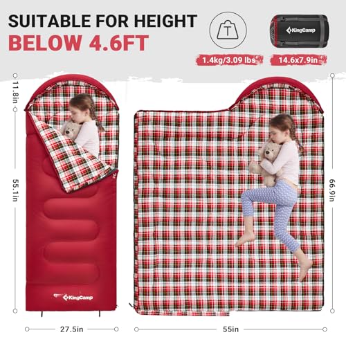 KingCamp 45°F Kids Sleeping Bag, Lightweight Waterproof & Compact Flannel Sleeping Bags Cold Weather & Warm Youth Essentials Gear Accessories for Camping, Fits 10-12 Children up to 4'7"-5'5" Tall - color: 8.6°F ~44.6°F Red Left
