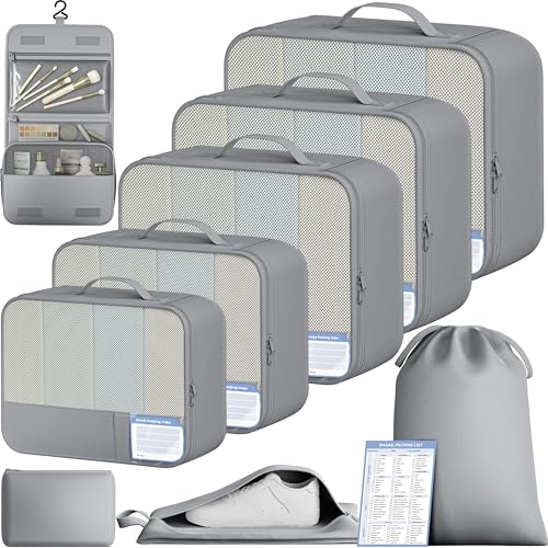BAGAIL 9 Set Packing Cubes with Packing List Luggage Packing Organizers for Travel Accessories (Pewter Color) - color: Pewter Color