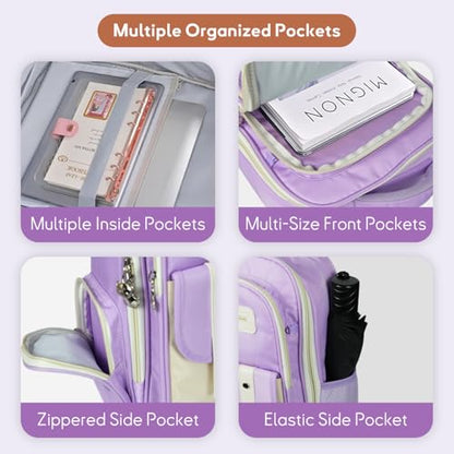 Kids Backpack for Kids, Lightweight Waterproof Purple White Backpack for School, Kindergarten Elementary School Students Boys & Girls Backpack with Safety Whistle and Includes a Detachable Waist Belt - color: Purple