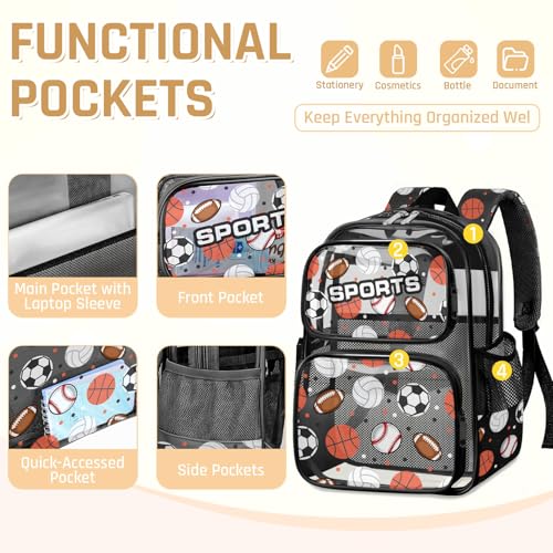 Clear Backpack for Boys and Girls,Kids Clear Backpacks for School,Heavy Duty Transparent Bookbag Stadium Approved - color: Black-multi Ball-backpack Only