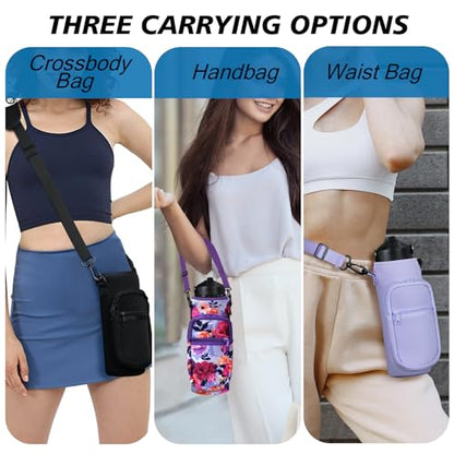 AceTreker 32 40 oz Water Bottle Carrier with Strap, Neoprene Water Bottle Sleeve Bag with 2 Pockets Insulated Flask Sling Holder for Walking Hiking Gym - color: A6. Purple Flower