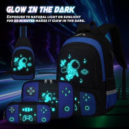 Bevalsa Backpack for School Boys, Cool Luminous Gamer Boys Schoolbag with Sling Bag,Lunch Box & Pencil Case for Kids Children Teens Elementary Middle School(Blue Astronaut Backpack with Shoulder Bag) - color: Blue Astronaut, style: Backpack With Shoulder