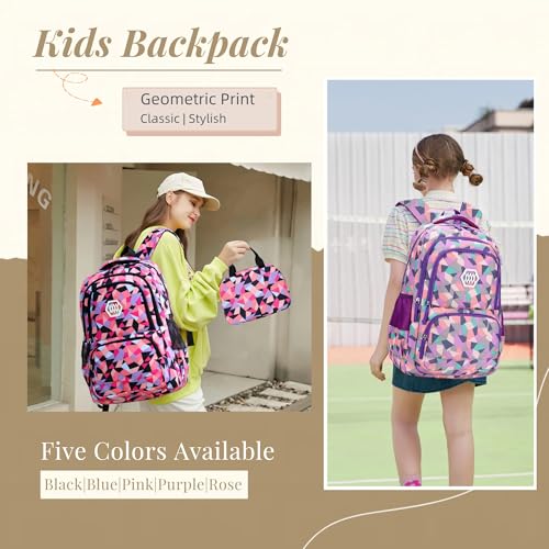 Bansusu 3Pcs Geometric Print Kids Backpack Set for Girls with Lunchbox, Capacity Elementary Middle School Bag Girls Backpack and Lunchbox Set - color: 3pcs-pink-a, size: Large-A-3Pcs