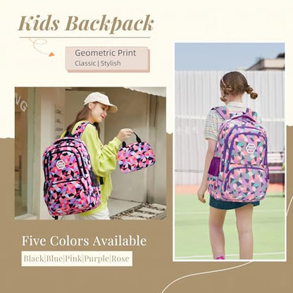 Bansusu 3Pcs Purple-a-3pcs Geometric Print Backpack and Lunch-Bag Set for Girls School Elementary Bookbags, 12.205.9016.53inch, 19 Liters - color: 3pcs-purple-a, size: Small-A-3Pcs