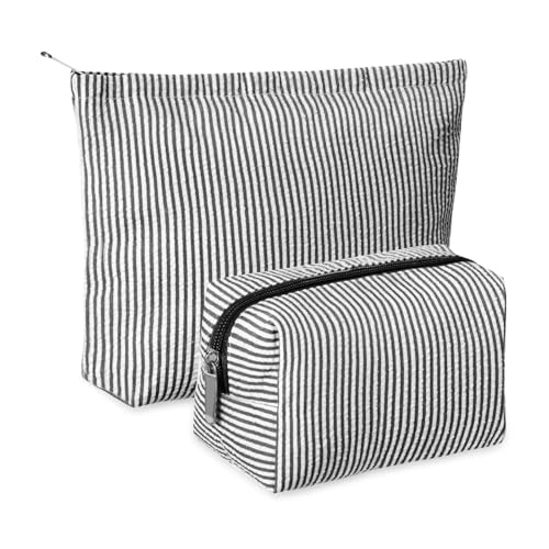 Huhumy 2 Pcs Makeup Bag Set Cute Cosmetic Pouch for Women Seersucker Travel Toiletry Bag Preppy Small Makeup Purse Pouch Aesthetic Skincare Brushes Storage Organizer for Valentine Women(Black) - color: Black, style: Thin Striped Seersucker
