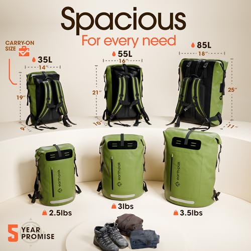 Earth Pak Waterproof Backpack - Heavy Duty Hiking Backpack - Roll-Top Closure Bag - Cushioned Dry Bag Waterproof Phone Case - color: Green, size: 85L