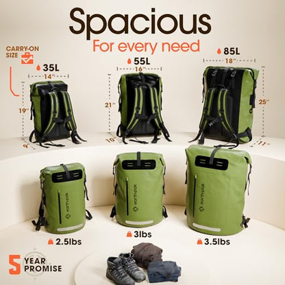 Earth Pak Waterproof Backpack - Heavy Duty Hiking Backpack - Roll-Top Closure Bag - Cushioned Dry Bag Waterproof Phone Case - color: Green, size: 55L