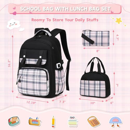 MUSEVOS Girls Backpack with Lunch Bag, Elementary Middle School Backpack, Large Capacity Kids Bookbag 3 Pcs Set - color: Blackpink-3pcs-set