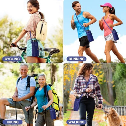 BINSUNS 2 Pcs Large Water Bottle Bag with Strap, Mesh Water Bottle Carrier Holder Crossbody Water Sling Bag Shoulder Strap and Pocket - Walking Sports Hiking Camping (Black+Blue) - color: Black+Blue, size: 2 Pcs-Large