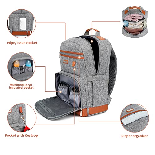 Diaper Bag Backpack, Large Baby Nappy Bags with Portable Changing Pad for Boys and GirlsMultifunction Travel Baby Bag for Moms Dads, Shower Gifts Waterproof and Stylish，Grey - color: Grey