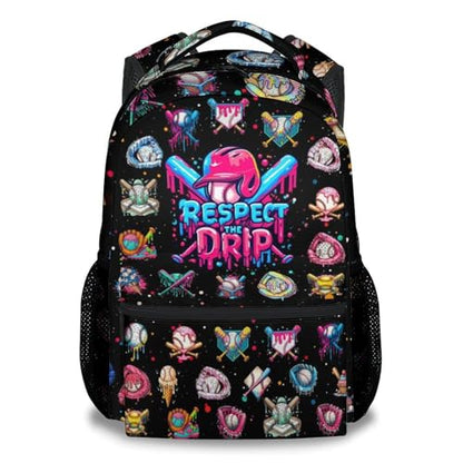 Kids Backpack Baseball Drip Backpack for Boys Kids Schoolbag - Durable Bookbag with Padded Shoulder Straps for School Primary Elementary (17 Inch) - color: Black
