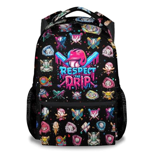 Kids Backpack Baseball Drip Backpack for Boys Kids Schoolbag - Durable Bookbag with Padded Shoulder Straps for School Primary Elementary (17 Inch) - color: Black