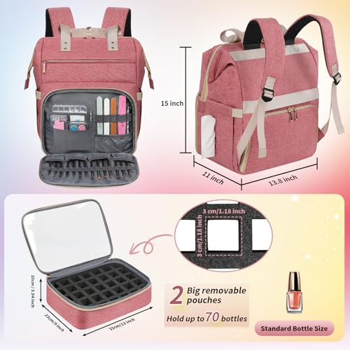 LTINVECK Nail Polish Organizer Case Backpack Holds 70 Bottles (15ml/0.5fl.oz)& Nail Lamp, 2 Layers Detachable Nail Kit Storage Case, Large Travel Nail Supplies Shoulder Bag for Manicure Tools (Pink) - color: Pink