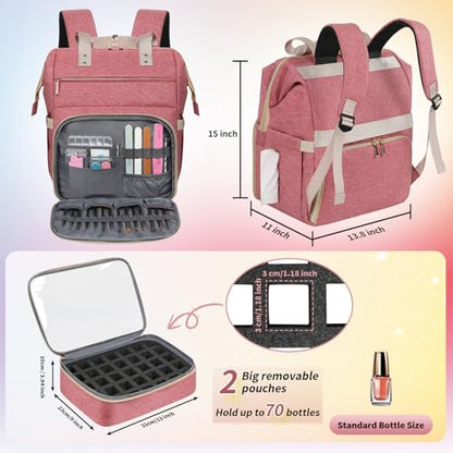 LTINVECK Nail Polish Organizer Case Backpack Holds 70 Bottles (15ml/0.5fl.oz)& Nail Lamp, 2 Layers Detachable Nail Kit Storage Case, Large Travel Nail Supplies Shoulder Bag for Manicure Tools (Pink) - color: Pink