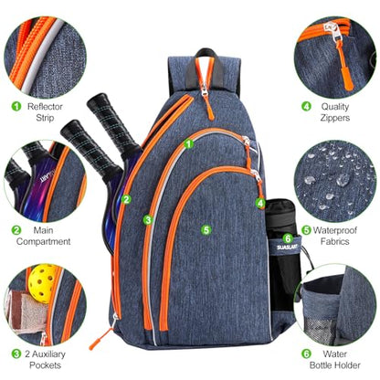 Pickleball Bag, Pickleball Backpack for Men Women, Reversible Crossbody Sling Bag, Pickle Ball Bag for Pickleball Paddle, Tennis, Racket with Fence Hook