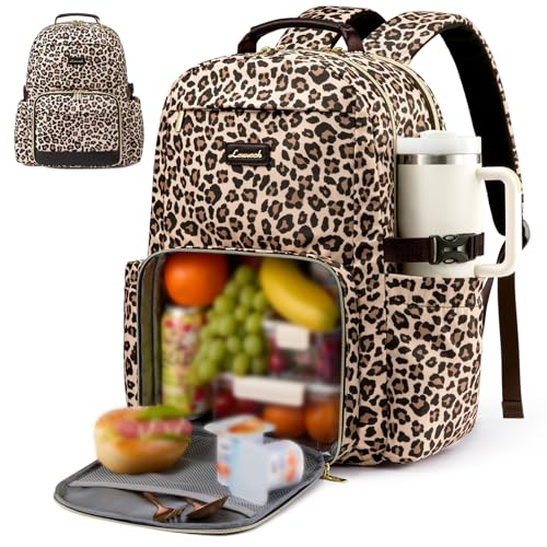 LOVEVOOK Lunch Backpack with Lunch Compartment,17 Inch Laptop Work Travel Insulated Cooler Backpack Purse,Waterproof College Teacher Lunch Bag Box with Tumbler Holder,Gift for Men Women,Leopard print - color: Leopard Print, size: 17-Lunch