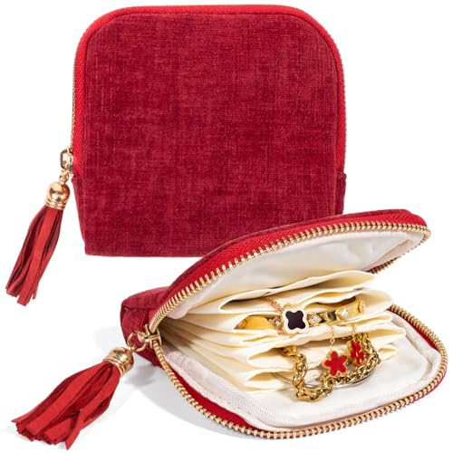 LETGO Small Travel Jewelry Case,Travel Gifts for Women,Jewelry Pouch Bags with Zipper,Velvet Jewelry Organizer Storage Bag for Bracelet Rings Earring (Classic Red) - color: Classic Red