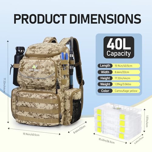 N NEVO RHINO Fishing Tackle Backpack with Rod Holders, 40L Large Fishing Bag with Waterproof Rain Cover,Outdoor Tackle Bag - color: Camouflage Yellow Pack with 4 Trays, size: Pack with 4 Trays