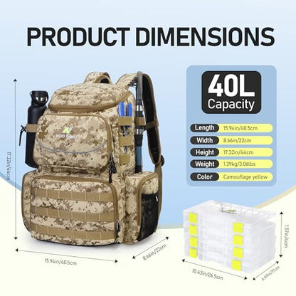 N NEVO RHINO Fishing Tackle Backpack with Rod Holders, 40L Large Fishing Bag with Waterproof Rain Cover,Outdoor Tackle Bag - color: Camouflage Yellow Pack with 4 Trays, size: Pack with 4 Trays