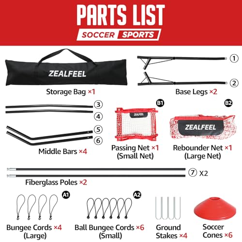 ZEALFEEL Soccer Rebounder, 2-in-1 Soccer Rebound Net, 6'x4.7' Large Net & 6'x16" Small Net, Soccer Bounce Back Net Practice for Team Volley Passing Solo Training, Football Trainer with Carry Bag Cones