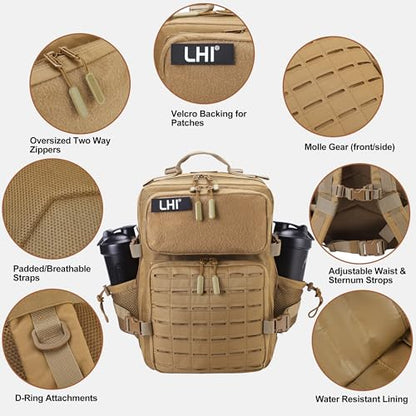 LHI Tactical Military Backpack for Men 25L/45L Large Molle Army Assault Pack 3 Day Hiking Rucksack With Bottle Holder - color: Khaki With Bottle Holder, size: 25L