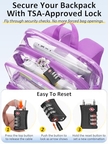 Clear Backpack Heavy Duty With A TSA Lock, 18 Inch Large Clear Back pack, Transparent See Through Bookbag for College, Work, Travel, Sport- Violet - color: Purple