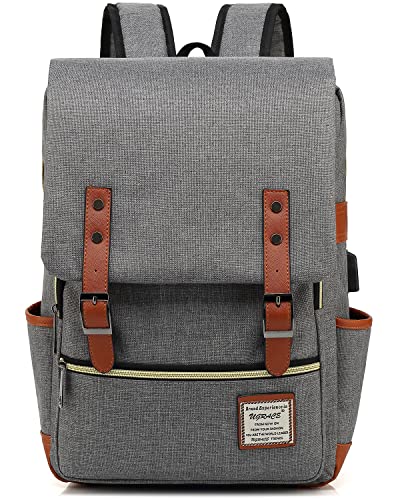 UGRACE Laptop Backpack, Grey, Unisex, 15.6" Laptop Compartment, 6 Compartments, USB Charge Port, Adjustable Shoulder Strap, PU Leather Belt - color: Grey