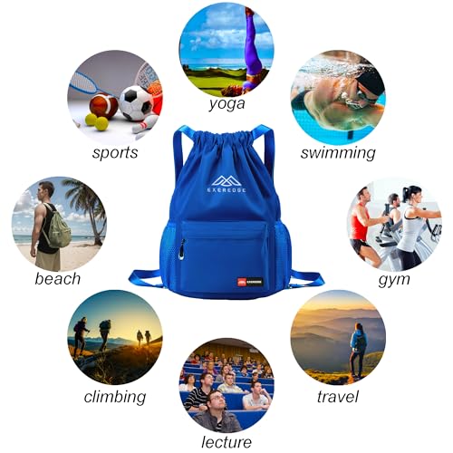 Drawstring Backpack for Women Men Sport Gym Bag Water Resistant Backpack Sandproof Beach Bag With Mesh Pockets (Blue) - color: Blue