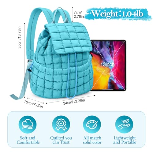 Quilted Puffer Backpack for Women Lightweight Soft Puffy Backpack Purse Casual Daily Drawstring Flap Daypack (Blue) - color: Blue