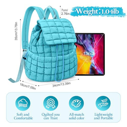 Quilted Puffer Backpack for Women Lightweight Soft Puffy Backpack Purse Casual Daily Drawstring Flap Daypack (Blue) - color: Blue